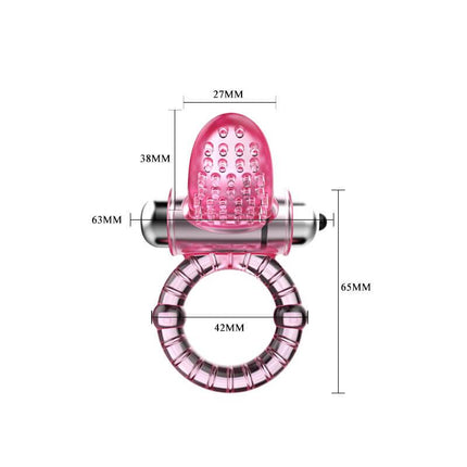 Sweet Vibrating Ring Pink – pink vibrating cock ring with clitoral stimulator and ribbed texture, product size measurements shown