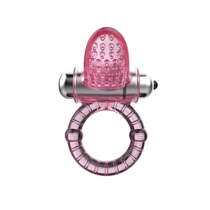 Sweet Vibrating Ring Pink pink vibrating cock ring with ribbed texture and clitoral stimulator front product view