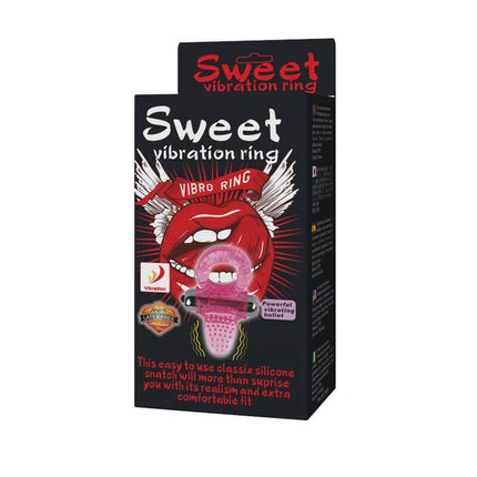 Sweet Vibrating Ring Pink packaging featuring pink vibrating cock ring with clitoral stimulator and 10 vibration functions