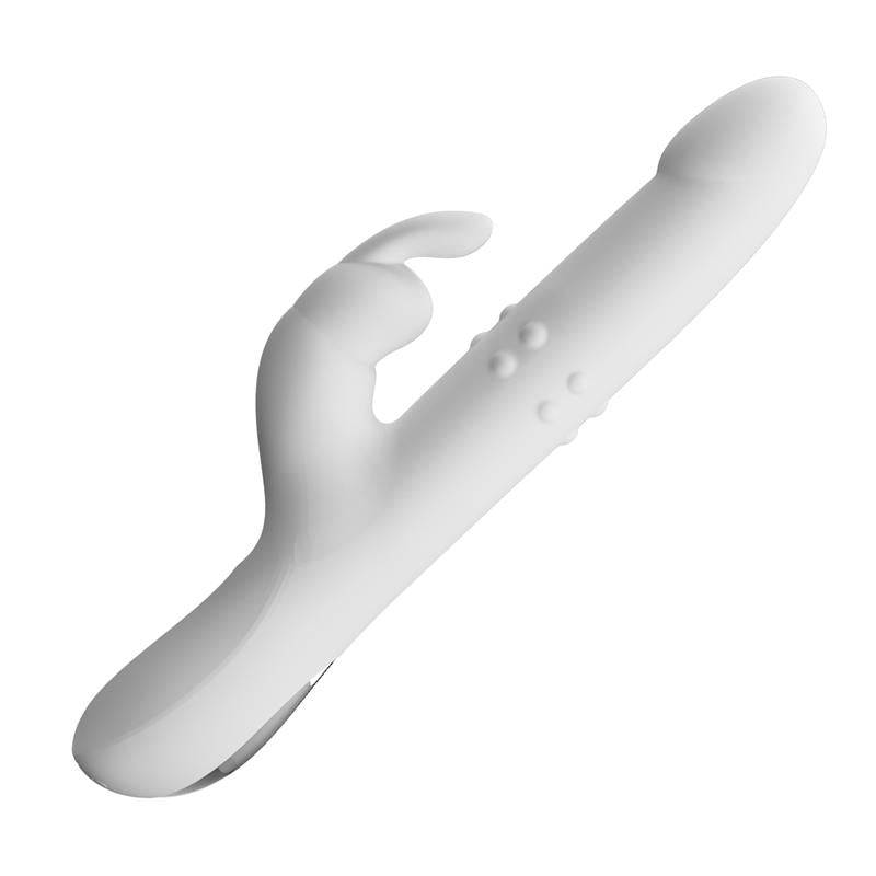 White silicone vibrator with curved shaft, rotating beads, and rabbit-style clitoral stimulator.