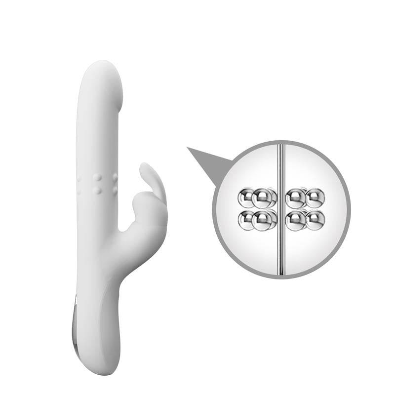 White dual-action vibrator with curved tip, clitoral stimulator, and rotating bead detail inset.