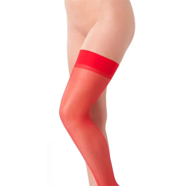 Model wearing Stockings Red One Size with a smooth finish and secure fit, ideal for romantic and lively occasions.