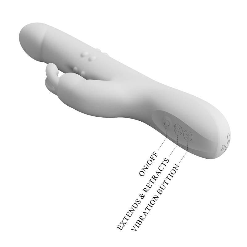 White silicone vibrator with curved tip, textured rotating beads, and flexible clitoral stimulator.