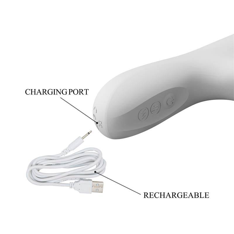 White curved vibrator with control buttons and detachable USB charging cable highlighting charging port and rechargeable.
