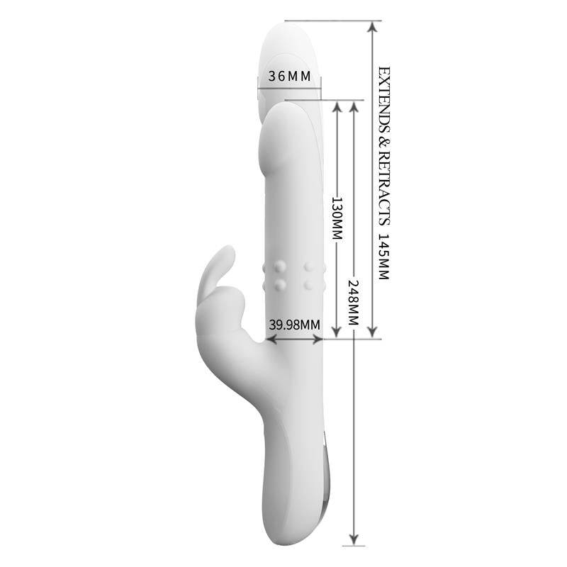 White vibrator with curved shaft and external stimulator, ergonomic handle, and measurement annotations.