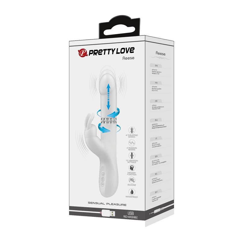 White rechargeable vibrator with curved shaft, rotating beads, and external clitoral stimulator on product packaging box.