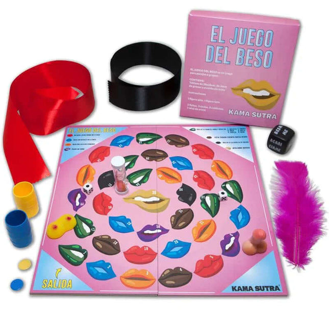 Erotic Kiss Game for Couples and Friends with game board, bondage tape, blindfold, and accessories.