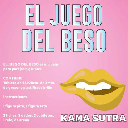 Erotic Kiss Game for Couples and Friends board game overview with kiss illustration and game components in Spanish.