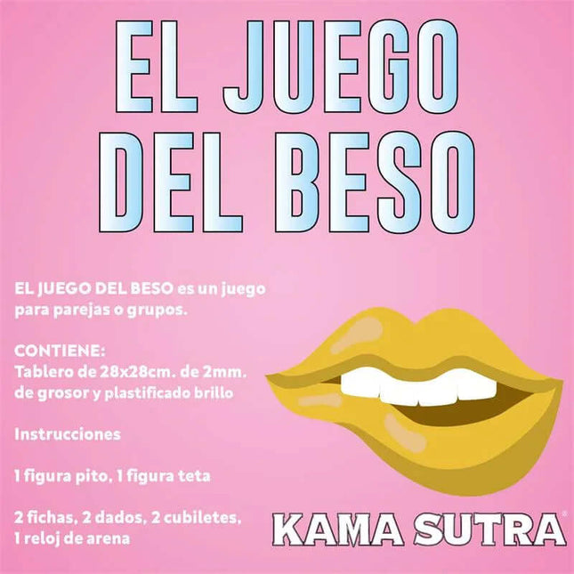 Erotic Kiss Game for Couples and Friends board game overview with kiss illustration and game components in Spanish.