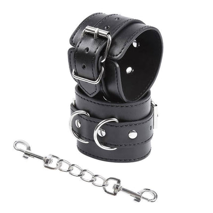 3 D-Ring Handcuffs from Latetobed BDSM Line, featuring adjustable black leather wrist cuffs with metal chain for versatile restraint
