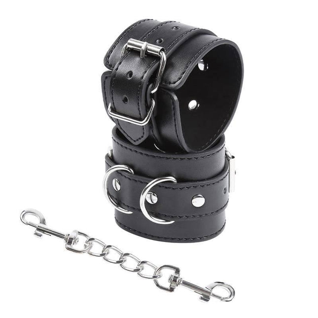 3 D-Ring Handcuffs from Latetobed BDSM Line, featuring adjustable black leather wrist cuffs with metal chain for versatile restraint
