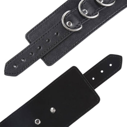 Close-up of 3 D-Ring Handcuffs from Latetobed BDSM Line showcasing adjustable straps and D-ring design.
