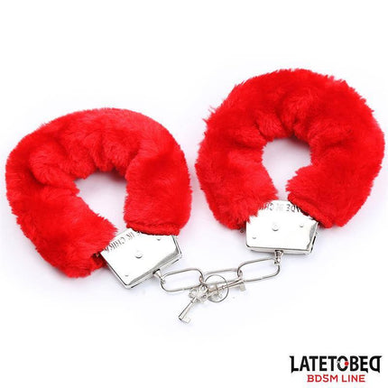 3 Pieces Bondage Set Cuffs, Eye Mask and Feathers - Bright red fur-lined handcuffs for sensory play and secure restraint.