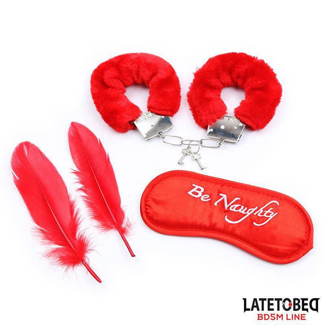3 Pieces Bondage Set Cuffs, Eye Mask and Feathers in bold red for sensory play.