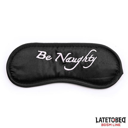 3 Pieces Set Mask, Handcuffs and Feathers Black - Black mask with 'Be Naughty' text designed for playful foreplay by Latetobed.