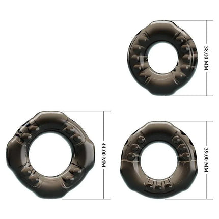 3 Set Cock Ring trio with dimensions for customizable fit and extended wear, designed to enhance stamina and boost hardness.