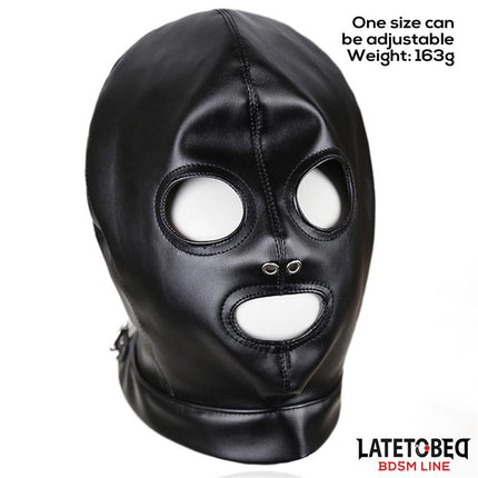 adjustable BDSM submission hood black latex mask with back straps and eye mouth nose openings from Latetobed BDSM Line