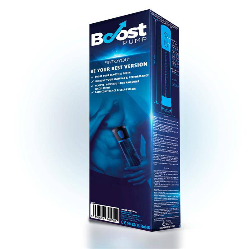 Automatic penis pump packaging in blue with product image and branding details.