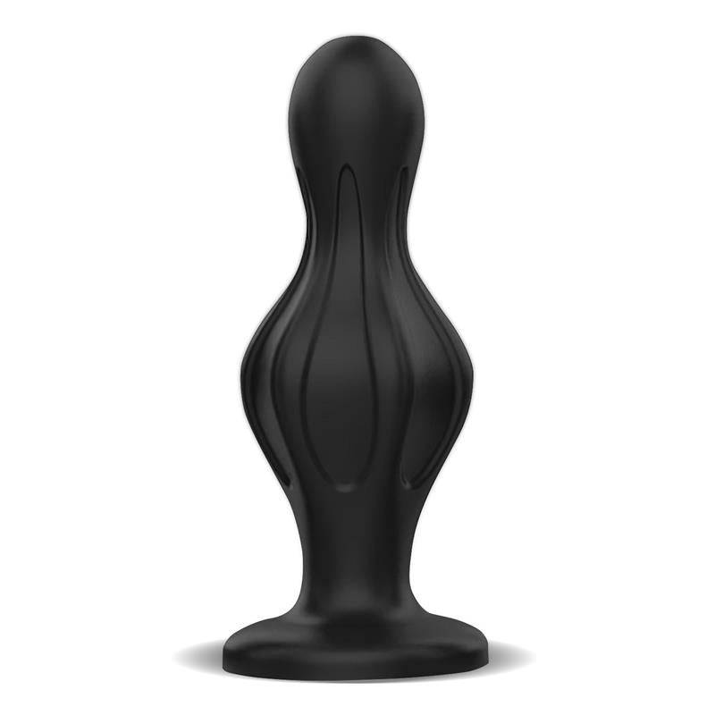 Black silicone butt plug with bulbous, tapered shape and flared base.