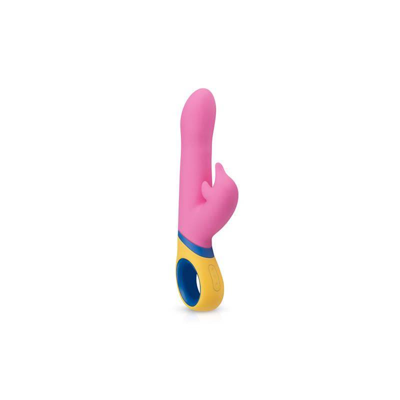 Pink and yellow ergonomic vibrator with rotating and vibrating features and USB charging port.