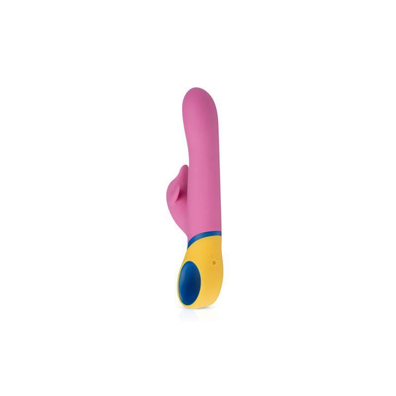 Pink silicone vibrator with curved tip and yellow base featuring blue control panel.