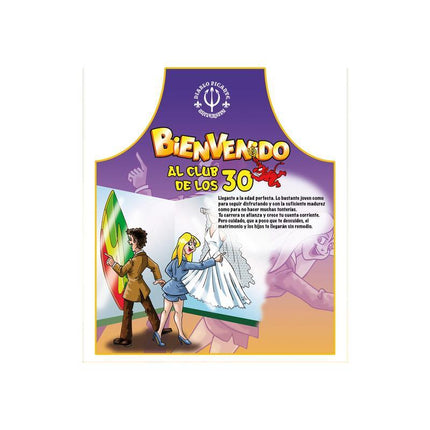Cartoon-style apron titled "Bienvenido al Club de los 30" with colorful illustrations, ideal for a 30th Birthday Apron gift.