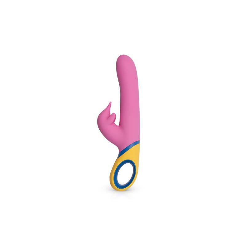 Pink silicone vibrator with curved tip and rabbit-style clitoral stimulator, white and yellow base with control buttons.