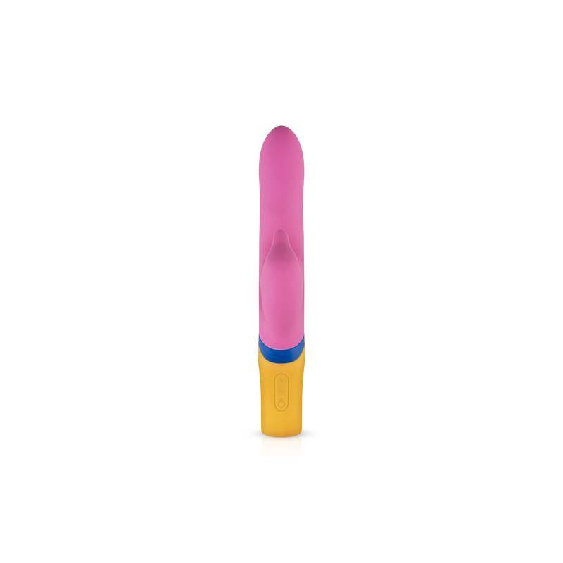 Pink silicone vibrator with gold and blue base, ergonomic shape, USB rechargeable design.