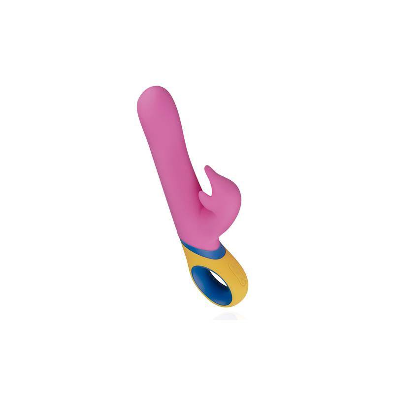 Pink silicone vibrator with curved tip and small clitoral stimulator, ergonomic yellow and blue handle with USB charging port.