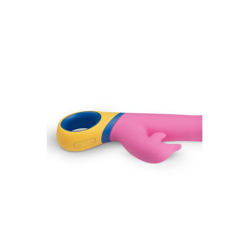 Pink silicone vibrator with yellow and blue ergonomic handle and dual stimulation design.