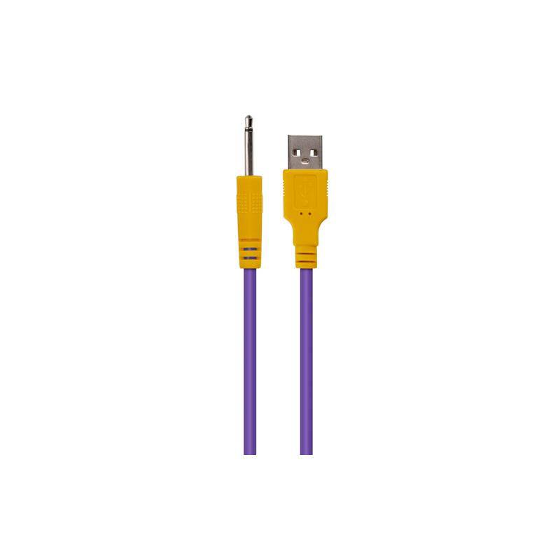 Purple cable with yellow USB connector on one end and 6.35mm audio jack on the other end.