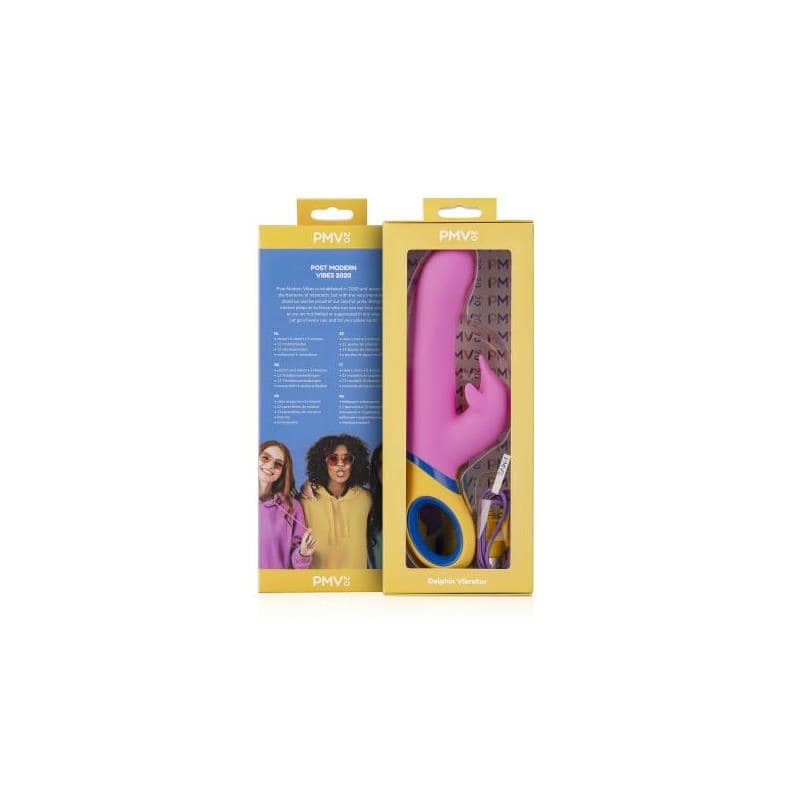 Pink silicone vibrator with curved tip and blue ring handle in gold and clear plastic packaging.