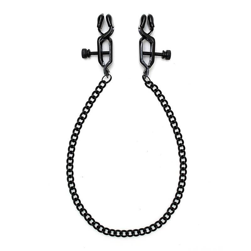 Black metal adjustable nipple clamps connected by a linked chain.