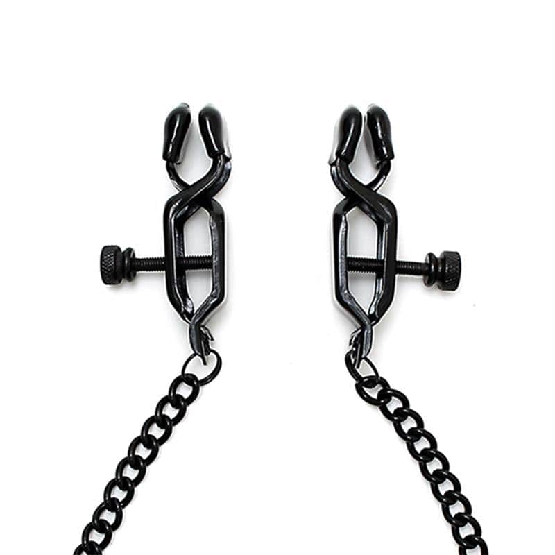 Black adjustable metal nipple clamps connected by a black chain with screw tension knobs.