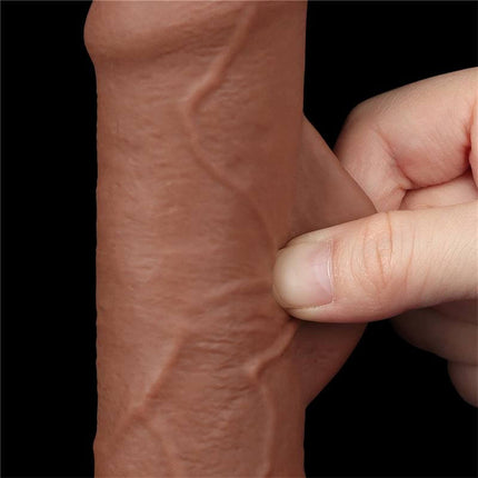 Alt Tag: realistic brown dildo sliding skin 7 being squeezed to show soft, lifelike texture and flexible skin detail