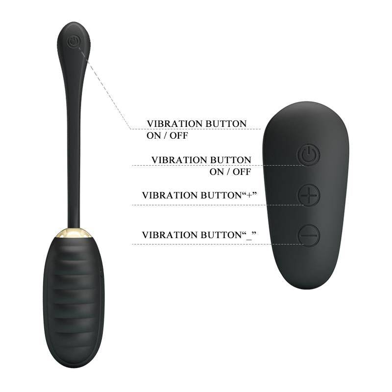 Black silicone Kegel ball with textured grip and matching remote control with four vibration buttons.