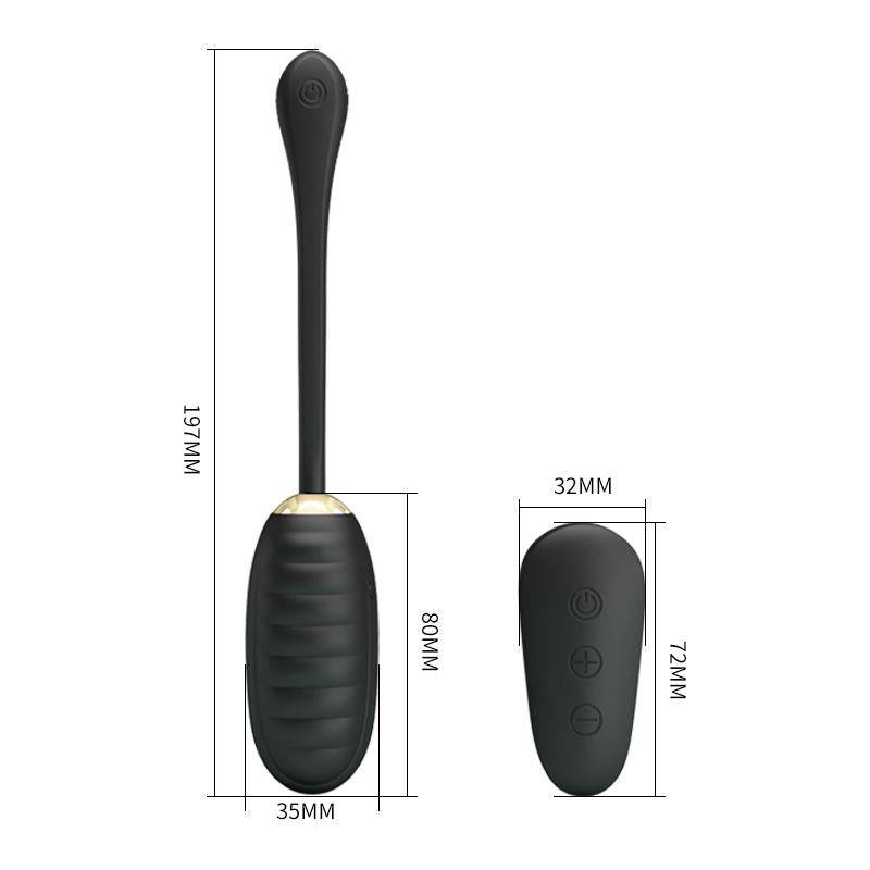 Black silicone Kegel ball with textured surface and matching remote control with three buttons.