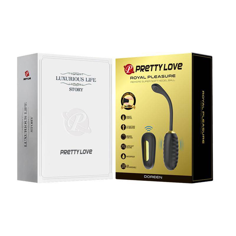 Black textured kegel ball with curved handle and black wireless remote control beside gold and black PRETTYLOVE packaging box.