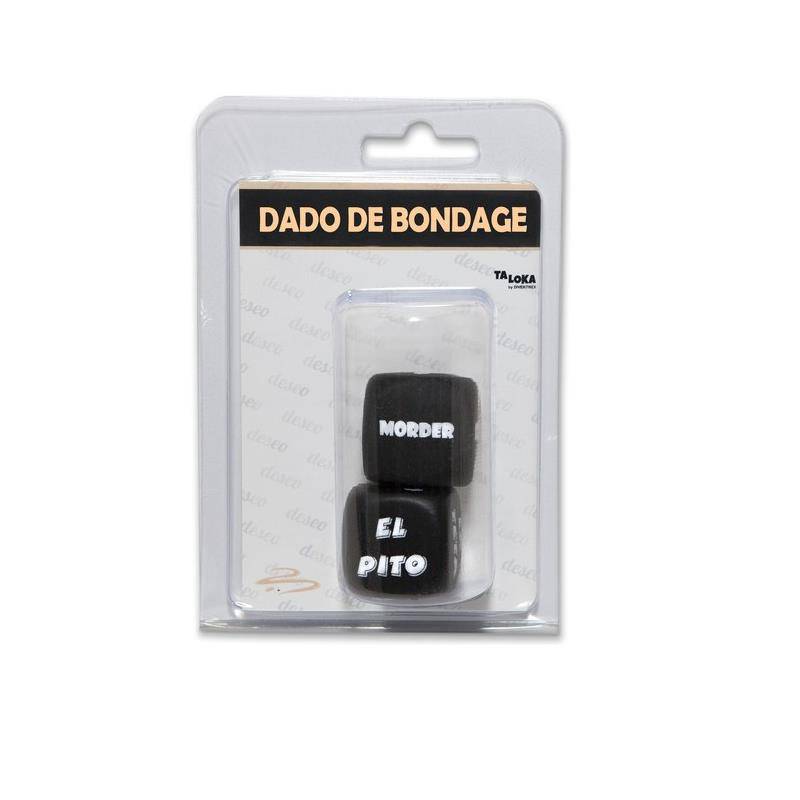 Black bondage dice set in clear plastic packaging with Spanish text on label.