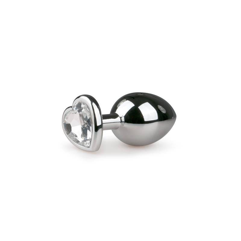 Silver metal plug with teardrop shape and clear heart-shaped gem base.