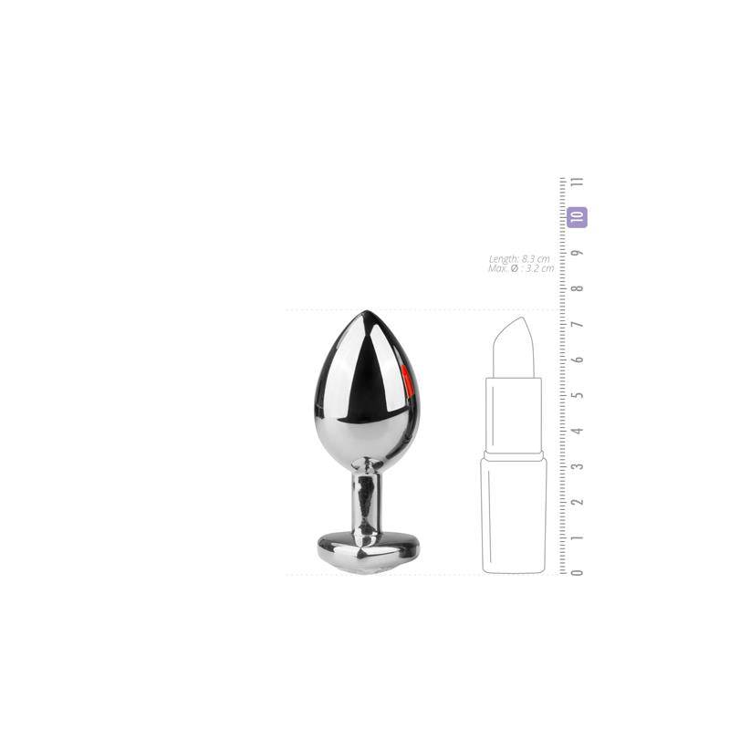 Silver metal butt plug with clear gem base, smooth teardrop shape, next to size chart and lipstick for scale.