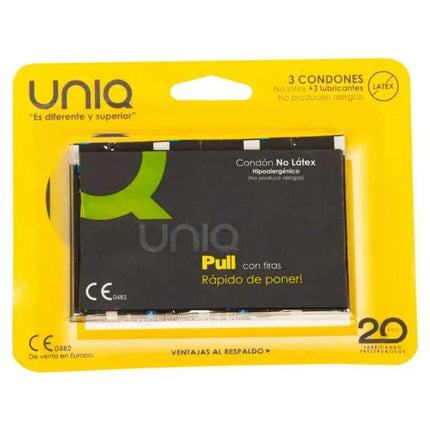 Packaging of Uniq Pull Condoms with Straps No Latex 3 pcs