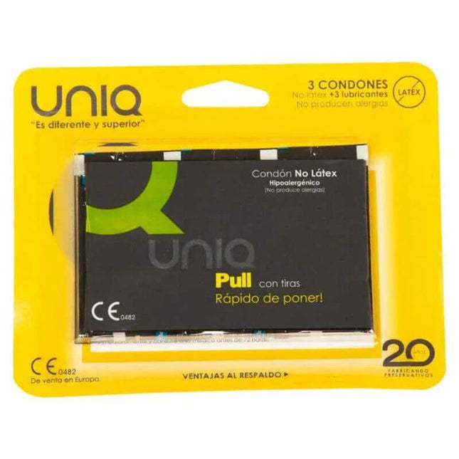 Packaging of Uniq Pull Condoms with Straps No Latex 3 pcs