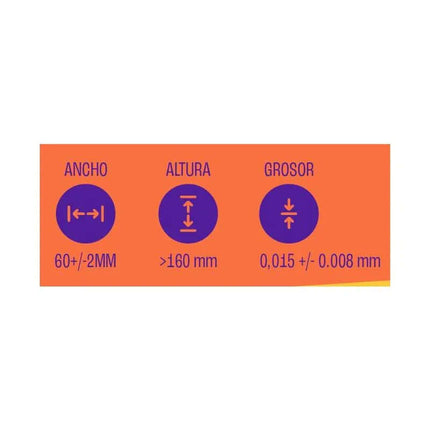 Image showing dimensions of Pull Condoms with Straps No Latex 3 pcs: width 60±2mm, height >160mm, thickness 0.015±0.008mm.