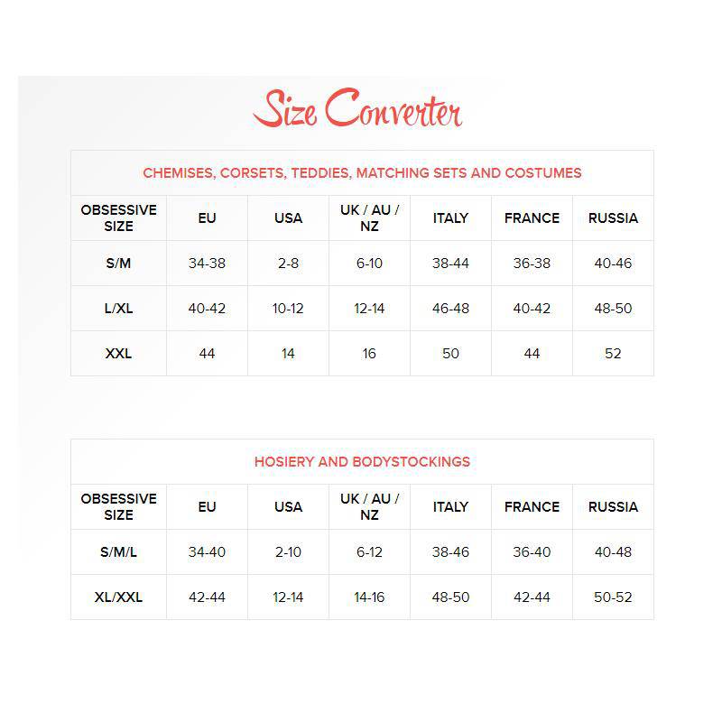 Size converter chart for Obsessive bodystockings listing international size equivalents.