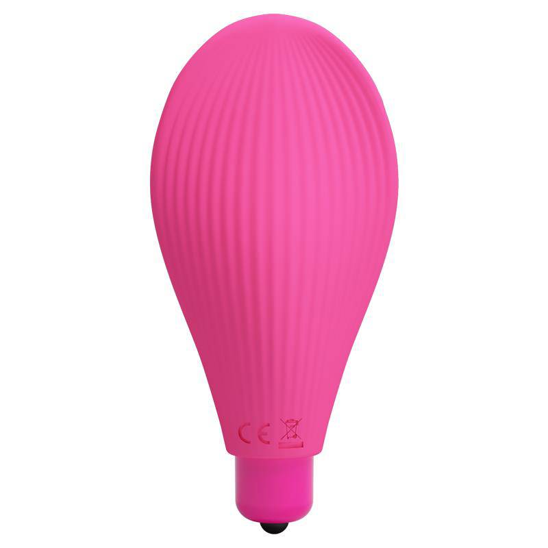 Bright pink, ribbed silicone clitoris stimulator with rounded teardrop shape and compact size.