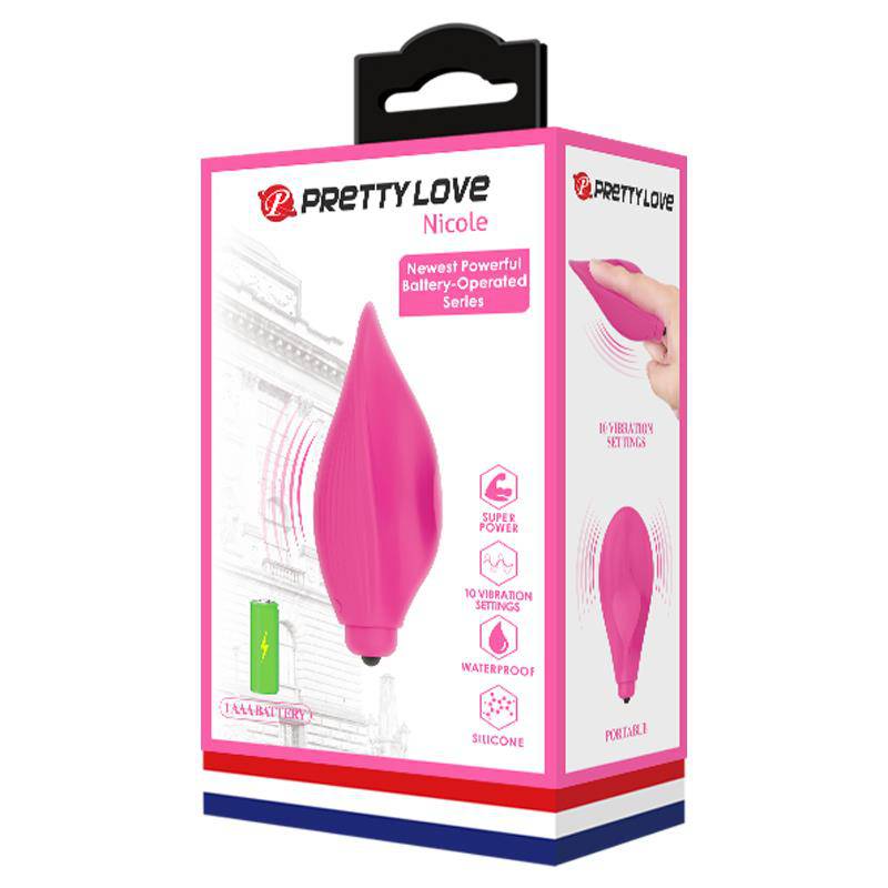 Pink silicone clitoris stimulator with sleek, ergonomic design in PrettyLove packaging.