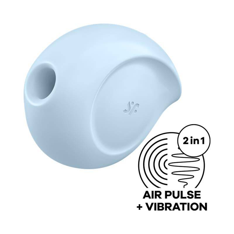 Light blue, compact clitoral stimulator with smooth silicone surface, air pulse and vibration functions, ergonomic design.