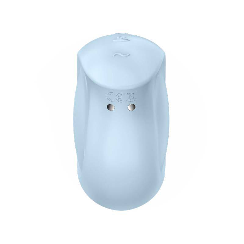 Light blue silicone clitoral suction and vibrator device with ergonomic shape and control buttons on top.