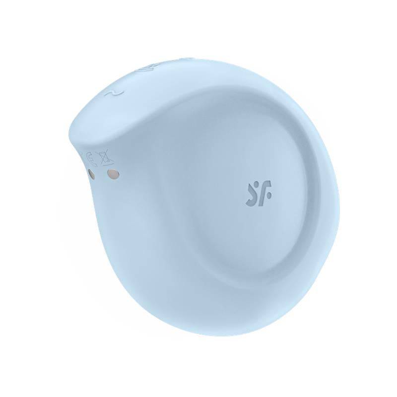Light blue compact clitoral suction and vibration device with smooth curved design and small control buttons.